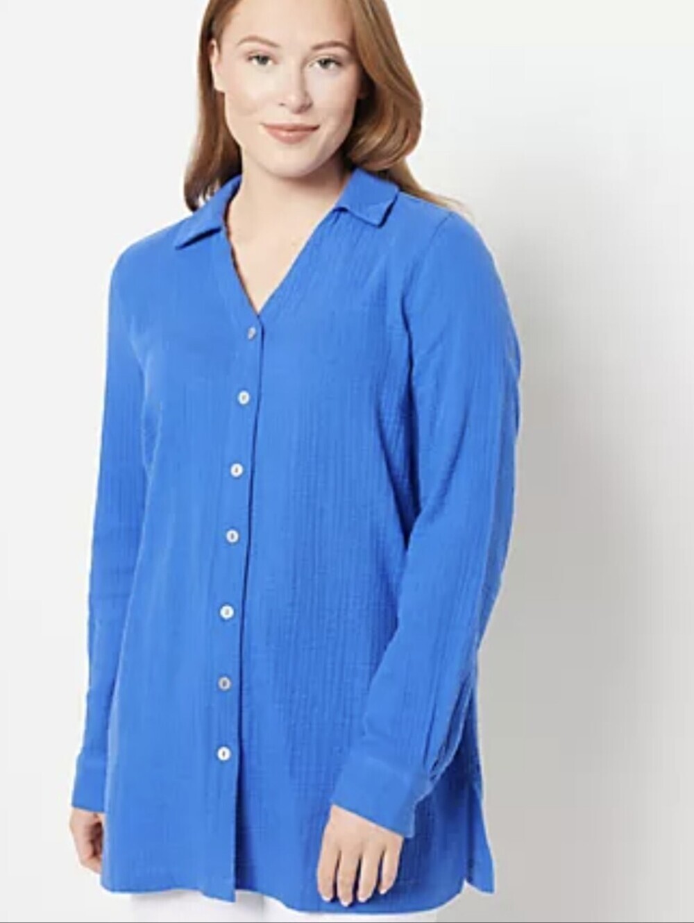 Belle Beach by Kim Gravel Gauze Button Front Tunic Relaxed V-Neck Cotton Sz XL